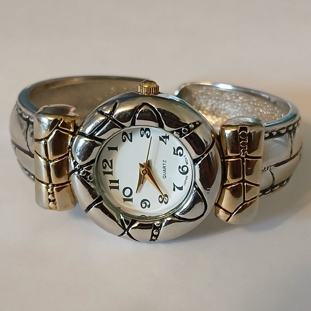 VTG Y2K Accutime Two-Tone Silver & Gold Bangle Cuff Watch Western Chic B1613